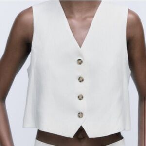 Zara White Linen Blend Cropped Fully Lined Waistcoat Vest